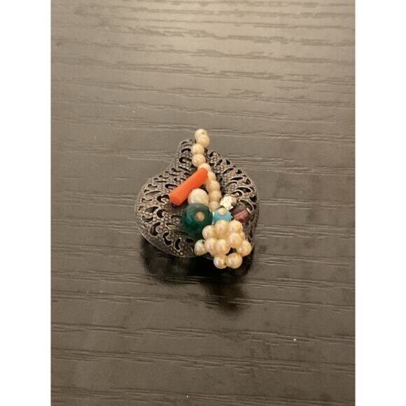 Vintage Ornate Heart-Shaped Brooch With Beads & Stones - Picture 2 of 4